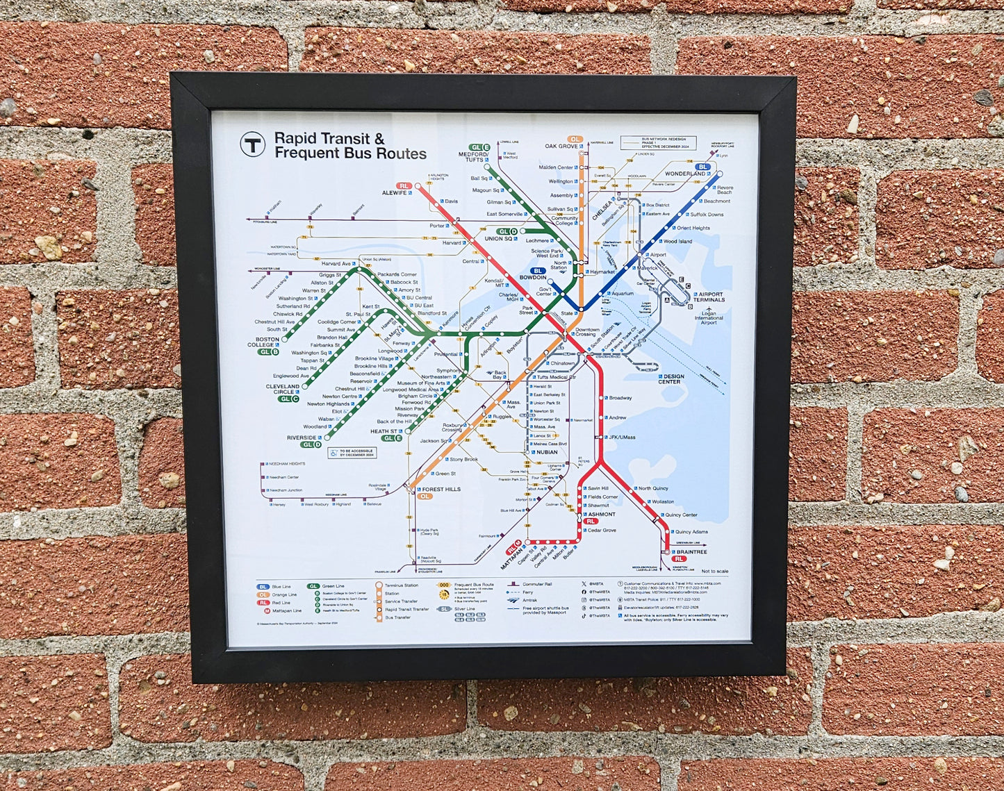 Boston MBTA Framed Rapid Transit & Frequent Bus Routes Map