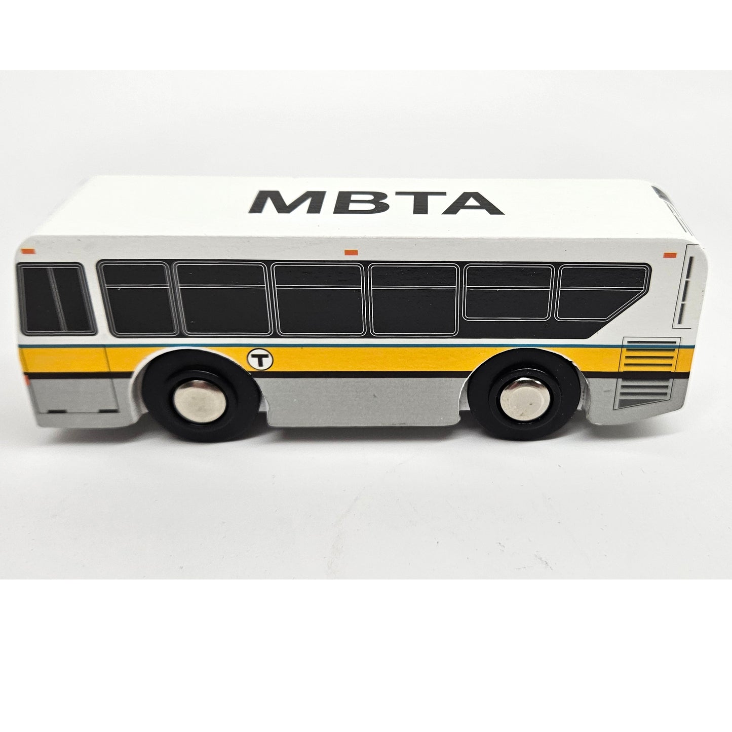 Boston MBTA Wooden Toy Bus (XDE40) (Runs on Wooden Train Tracks)