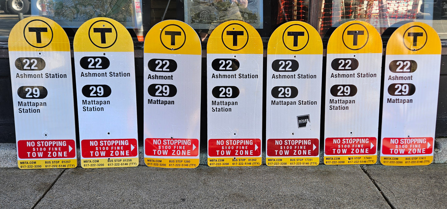 Decommissioned MBTA Bus Stop Signs: 22 Ashmont; 29 Mattapan