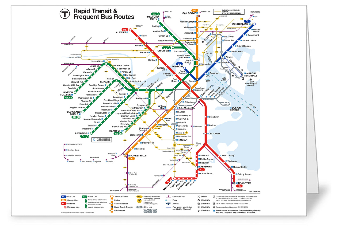 Boston MBTA Rapid Transit & Frequent Bus Routes Map Greeting Card w/Envelope