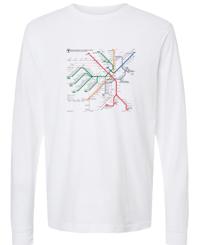 Boston MBTA Map on White Long Sleeve Shirt (ADULT UNISEX)