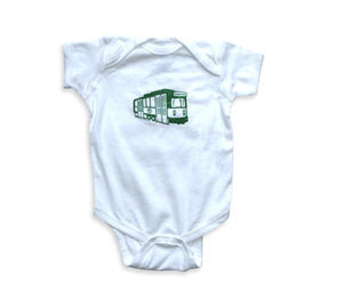 White Short Sleeve Onesie with Green MBTA Green Line Trolley