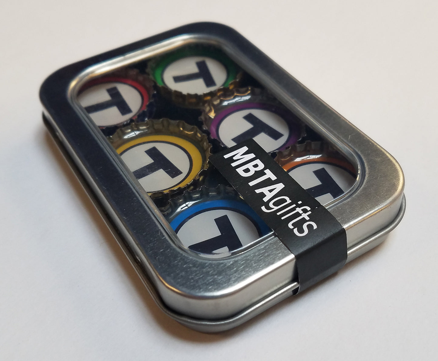 Boston MBTA "T" Logos Six Bottlecap Magnet Set in Tin