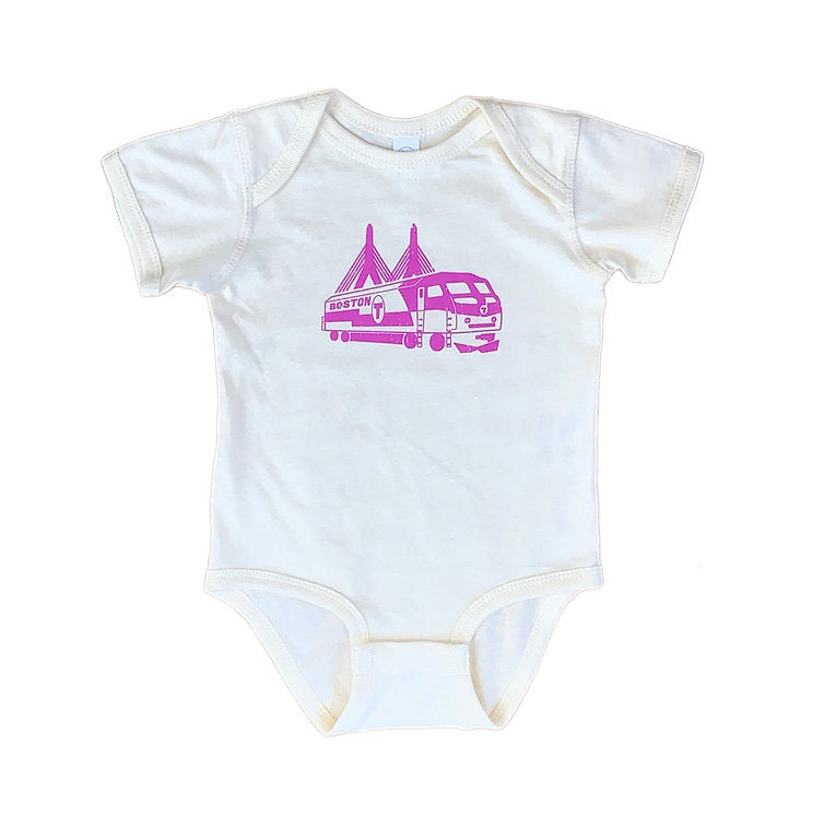 Pale Yellow Short Sleeve Onesie with Purple MBTA Commuter Rail Locomotive in front of the Zakim Bridge