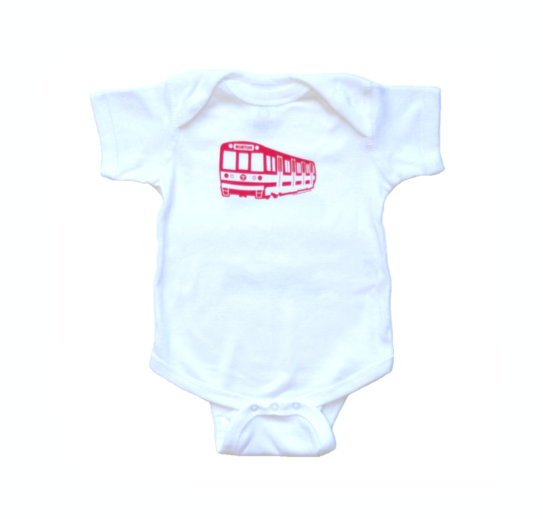 White Short Sleeve Onesie with Red MBTA Red Line Subway Car