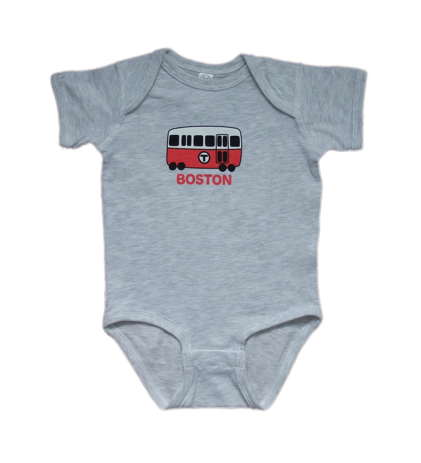 Gray Short Sleeve Onesie with Hand Drawn Red Line Subway Car; "BOSTON" underneath