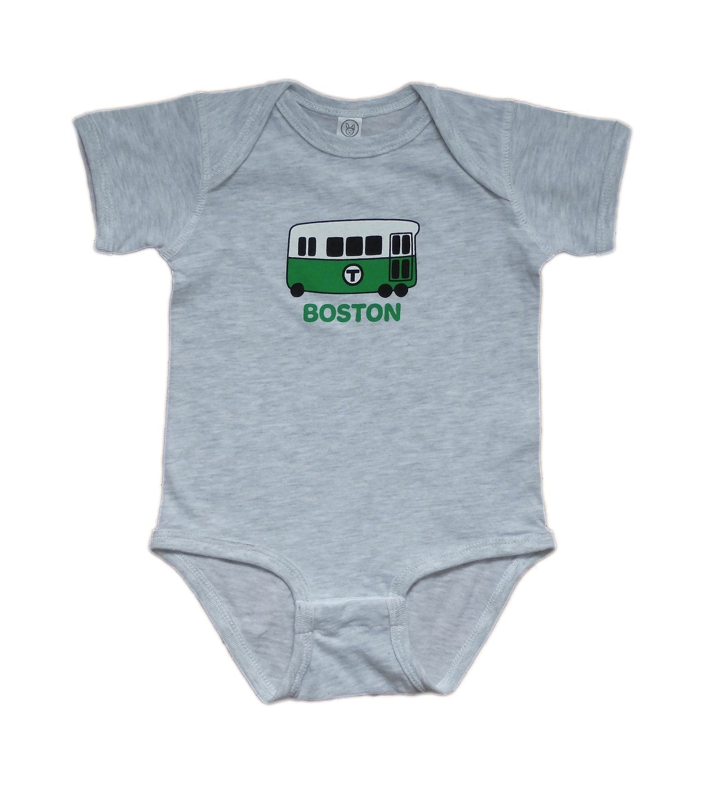 Gray Short Sleeve Onesie with Hand Drawn Green Line Trolley; "BOSTON" underneath