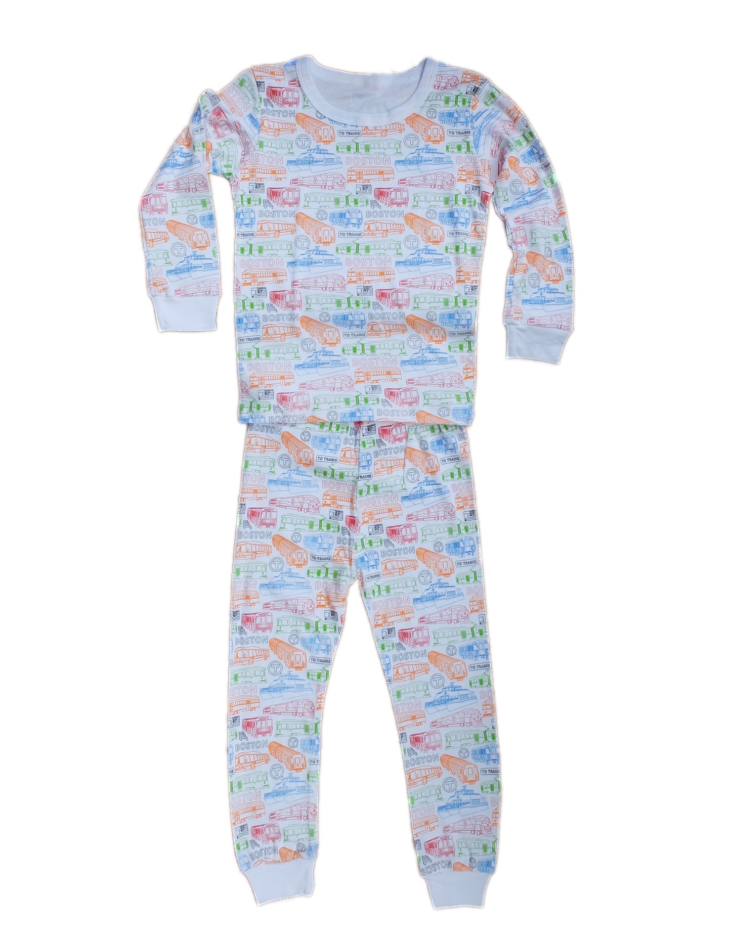 White Two Piece Toddler Pajamas with Colorful Boston Transit Vehicle Pattern