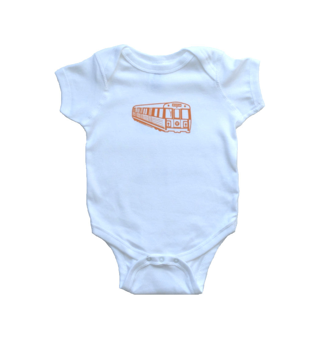 White Short Sleeve Onesie with Orange MBTA Orange Line Subway Car