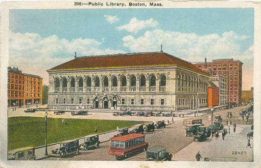 Vintage Postcard: Boston Public Library with Vintage Bus