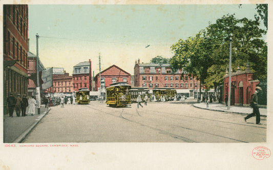 Vintage Postcard: Harvard Square showing Cambridge Common and Streetcars