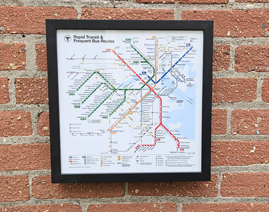 Boston MBTA Framed Rapid Transit & Frequent Bus Routes Map