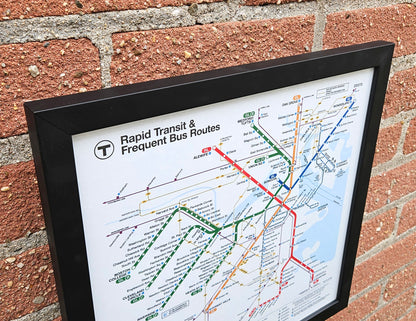 Boston MBTA Framed Rapid Transit & Frequent Bus Routes Map