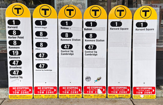 Decommissioned MBTA Bus Stop Signs: 1 Harvard; 8 Kenmore; 47 Broadway; 47 Central, etc.