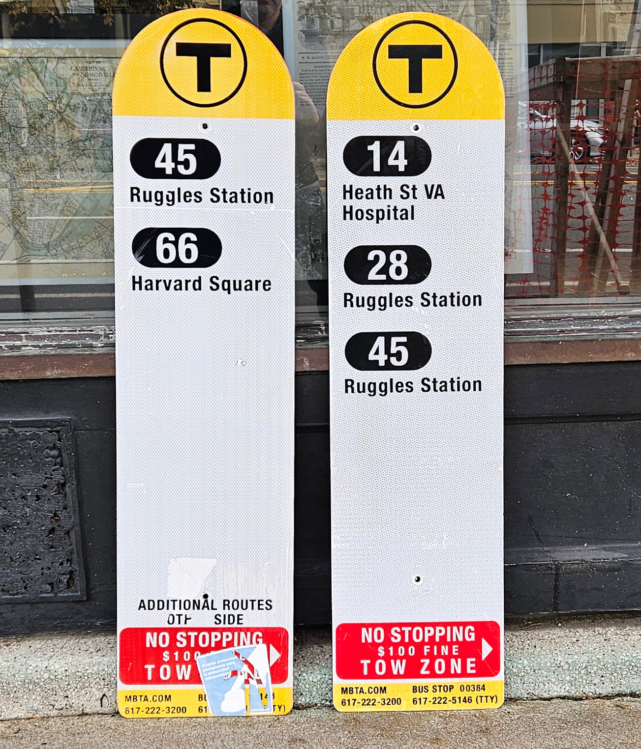 Decommissioned MBTA Bus Stop Signs: 14 Heath St/VA; 28 Ruggles; 45 Ruggles; 66 Harvard;