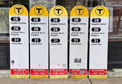Decommissioned MBTA Bus Stop Signs: 28 Ruggles; 29 Jackson Square; 31 Forest Hills