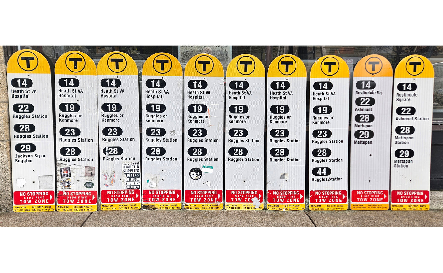 Decommissioned MBTA Bus Stop Signs: 14; 19; 22; 23; 28; 29; 44