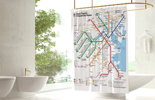 Boston Shower Curtain with MBTA Rapid Transit & Frequent Bus Routes Map