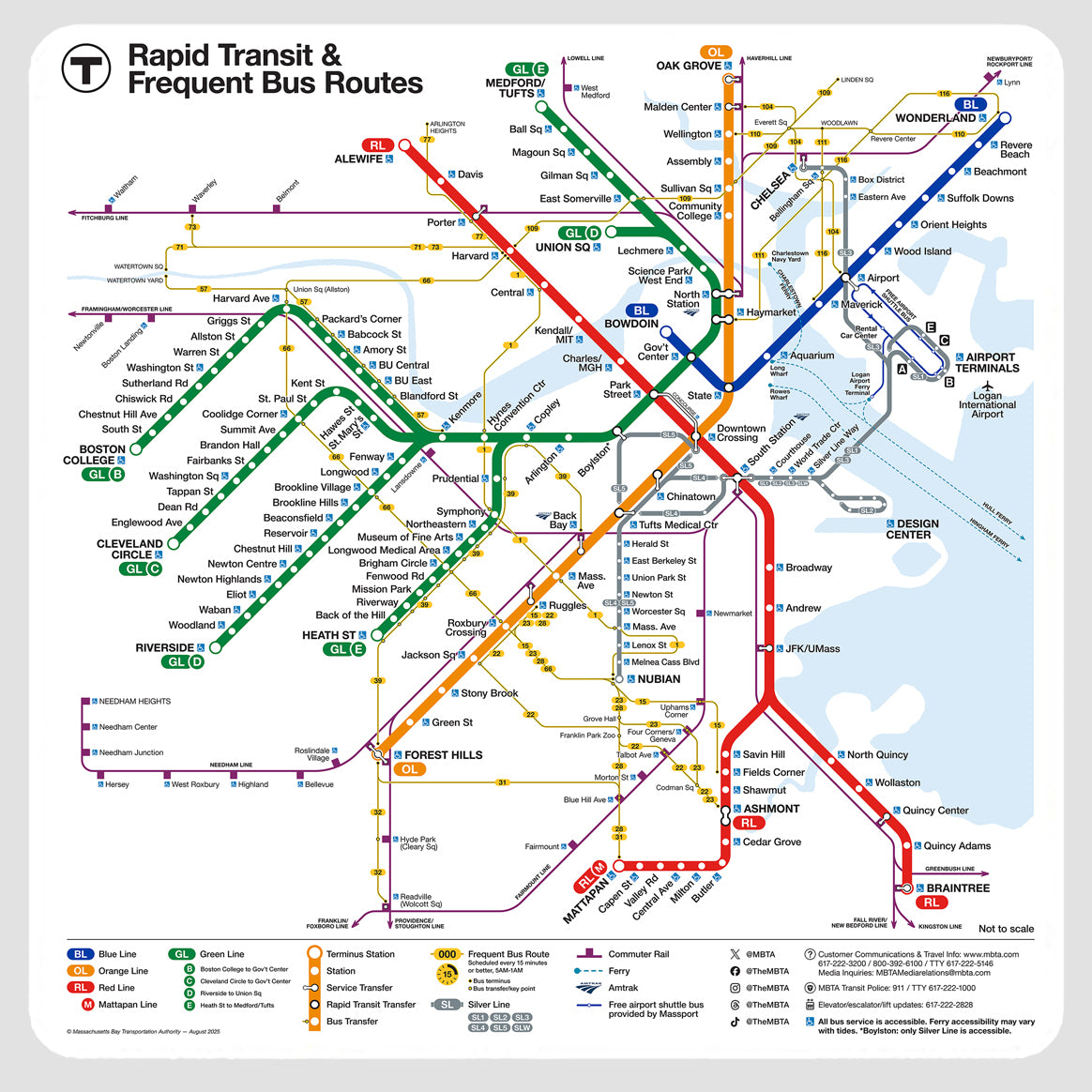 Boston MBTA Rapid Transit Map Sticker 4"x4" (2025)