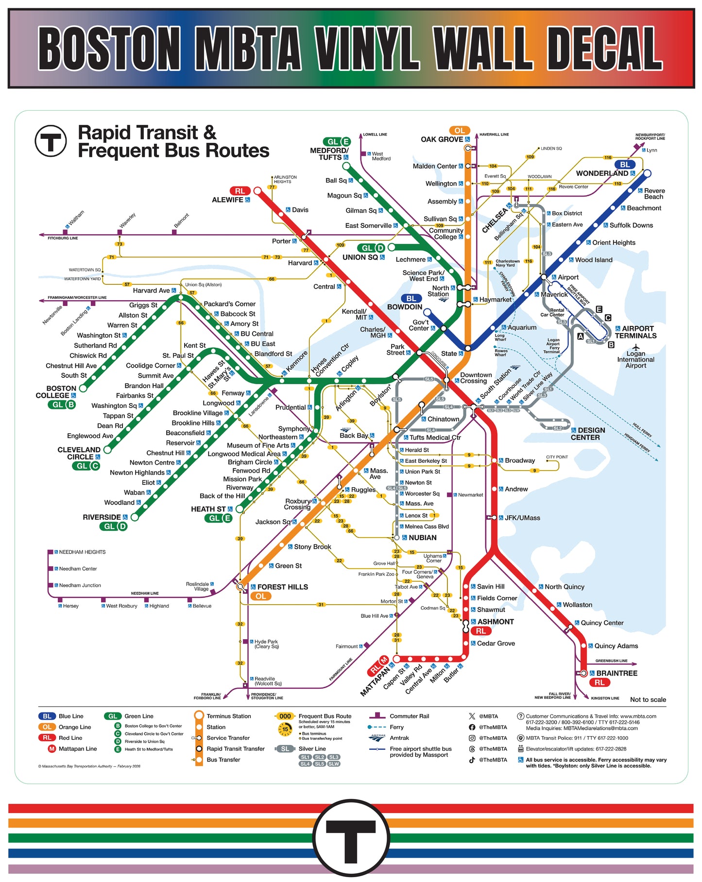 Boston MBTA Rapid Transit Map Adhesive Vinyl Wall Decal