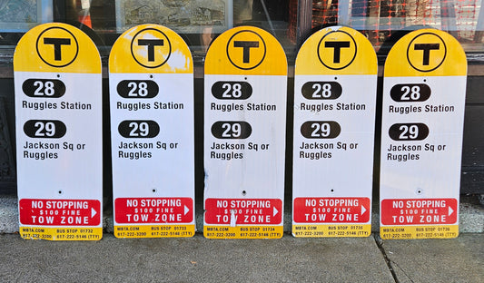 Decommissioned MBTA Bus Stop Signs: 28 Ruggles; 29 Jackson Sq or Ruggles