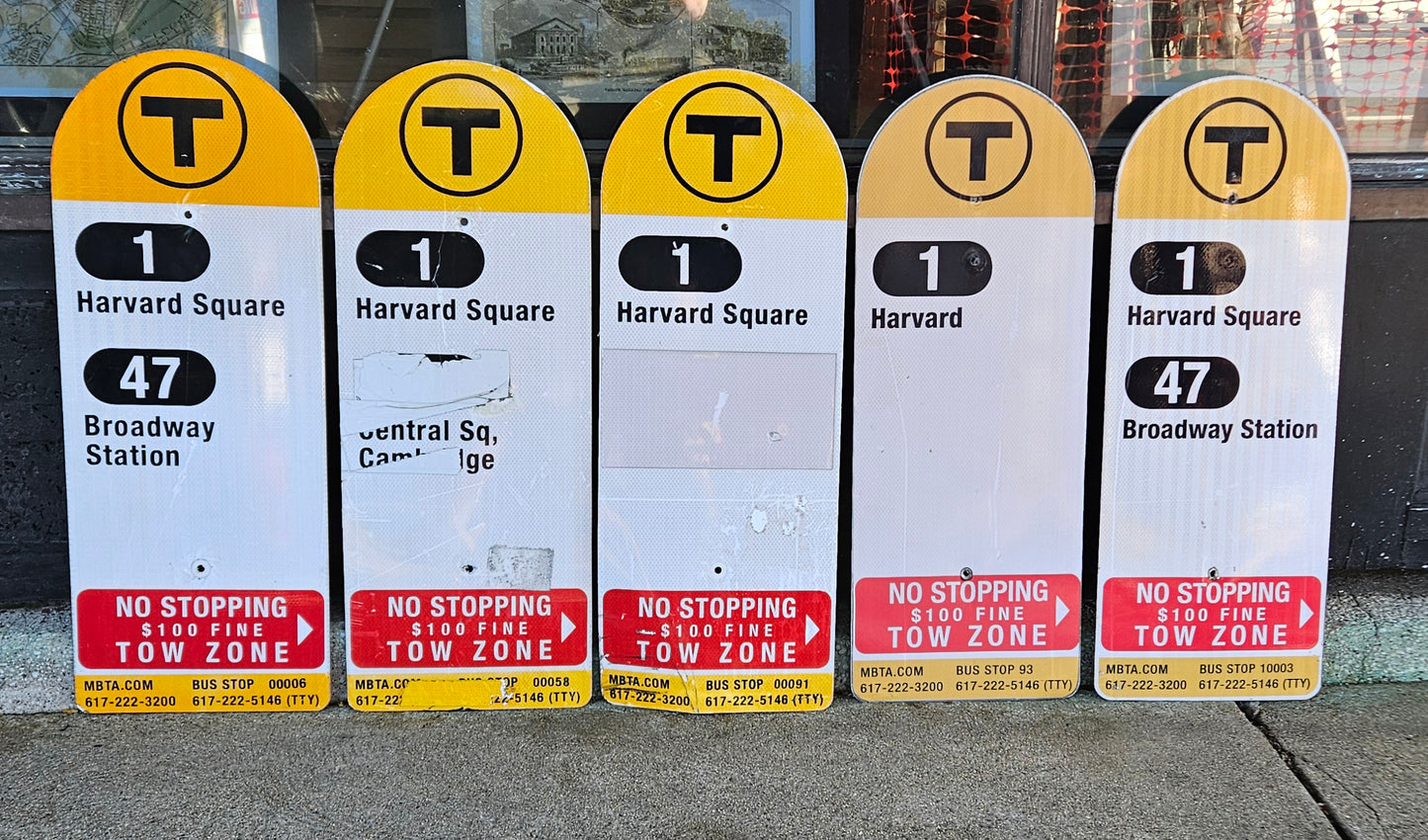 Decommissioned MBTA Bus Stop Signs: 1 Harvard; 47 Broadway etc.