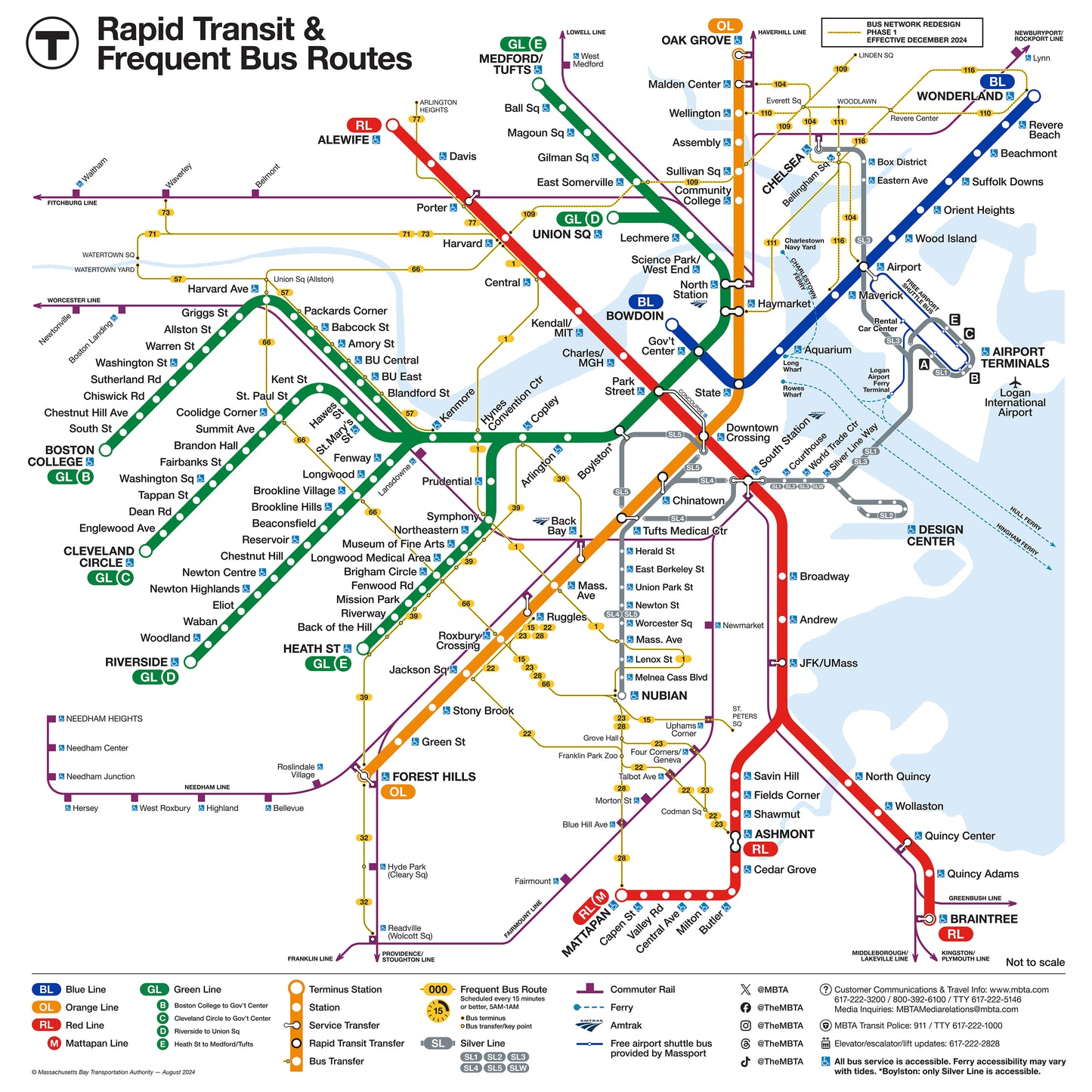 2024 MBTA Rapid Transit & Frequent Bus Routes Map (August)