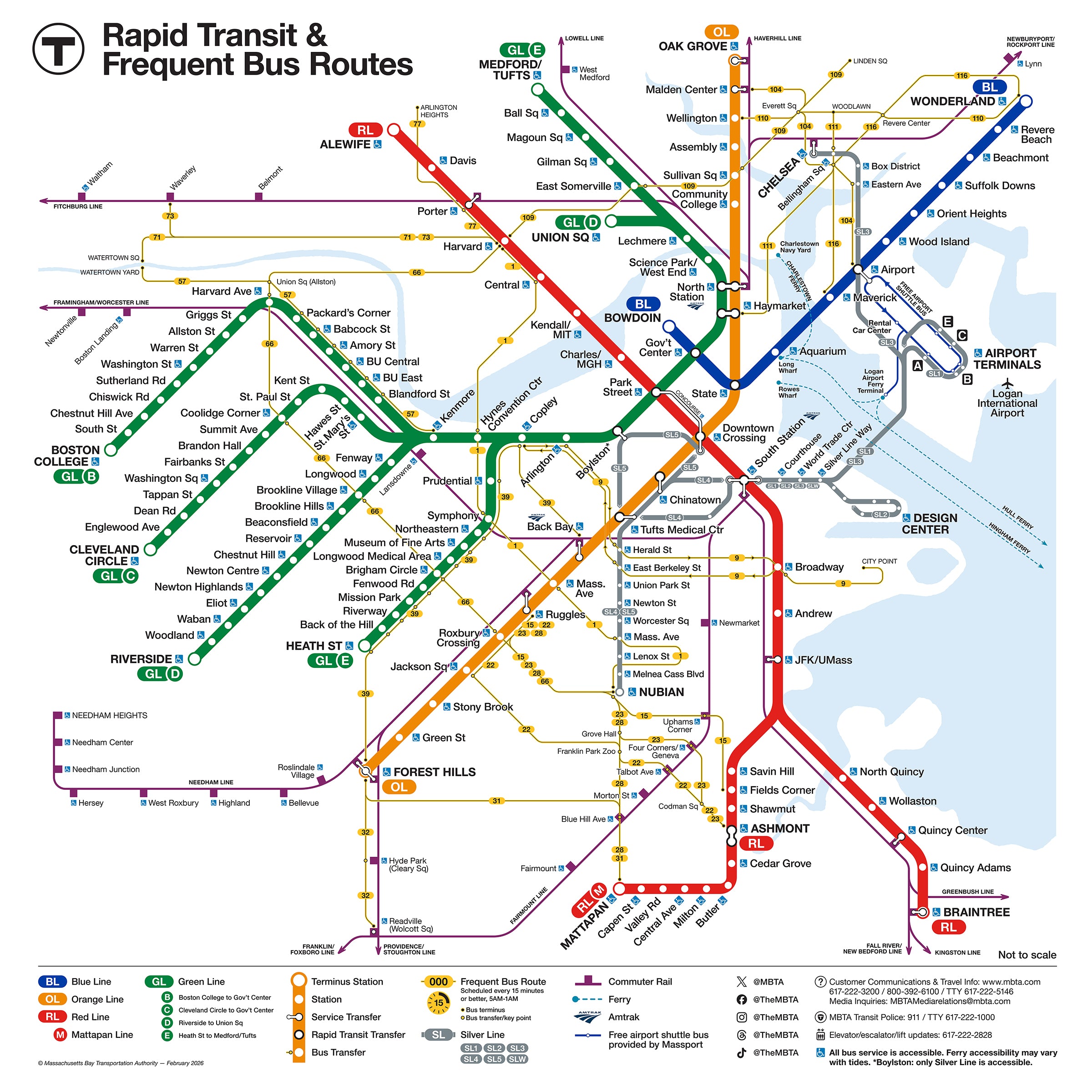 2026 MBTA Rapid Transit Frequent Bus Routes Map Feb 2026 MBTAgifts 8x8 