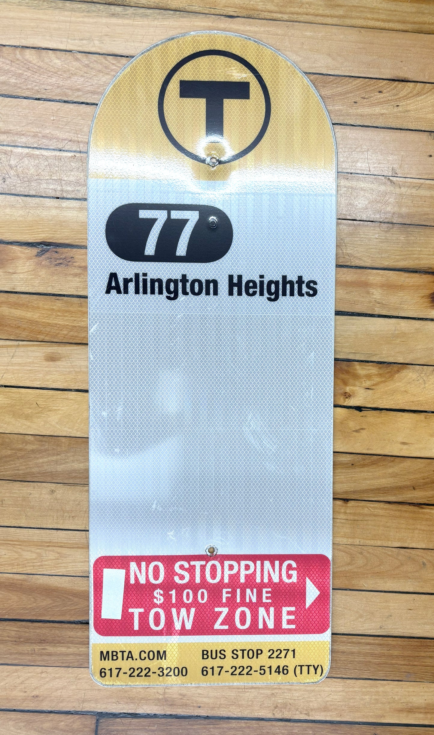 Decommissioned MBTA Bus Stop Sign: 77 Arlington Heights
