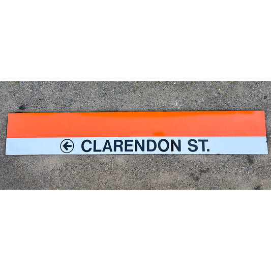 Decommissioned MBTA Sign: <- CLARENDON ST. (Back Bay Station)