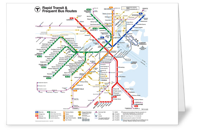 Boston MBTA Rapid Transit & Frequent Bus Routes Map Greeting Card w/Envelope