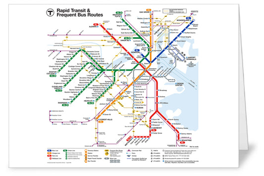 Boston MBTA Rapid Transit & Frequent Bus Routes Map Greeting Card w/Envelope