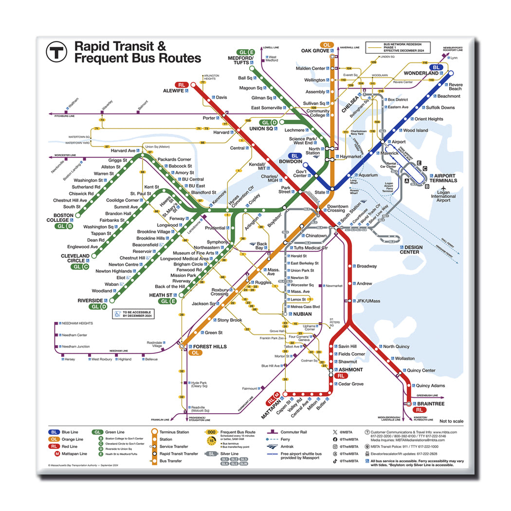 Boston MBTA Rapid Transit and Frequent Bus Routes Map (2024/25)