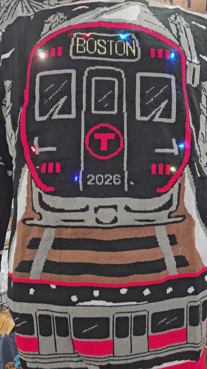 Boston MBTA Holiday Sweater 2026: Red Line Night Scenes - Features LED Lights! - PRE-ORDER NOW!