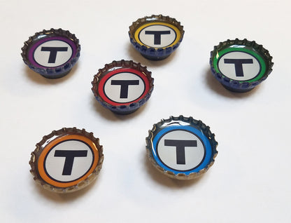 Boston MBTA "T" Logos Six Bottlecap Magnet Set in Tin