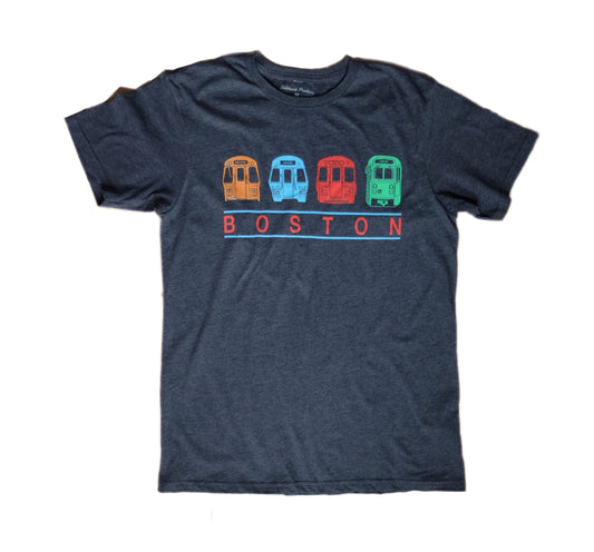 Heather Navy T-Shirt with an Orange Line Subway Car, Blue Line Subway Car, Red Line Subway Car, and Green Line Trolley; "BOSTON" printed underneath the vehicles