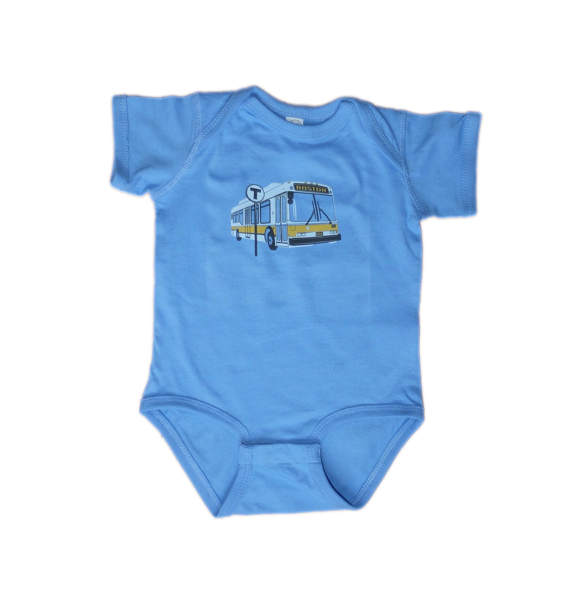 Light Blue Short Sleeve Onesie with White, Yellow, & Black MBTA Bus and "T" Logo Sign
