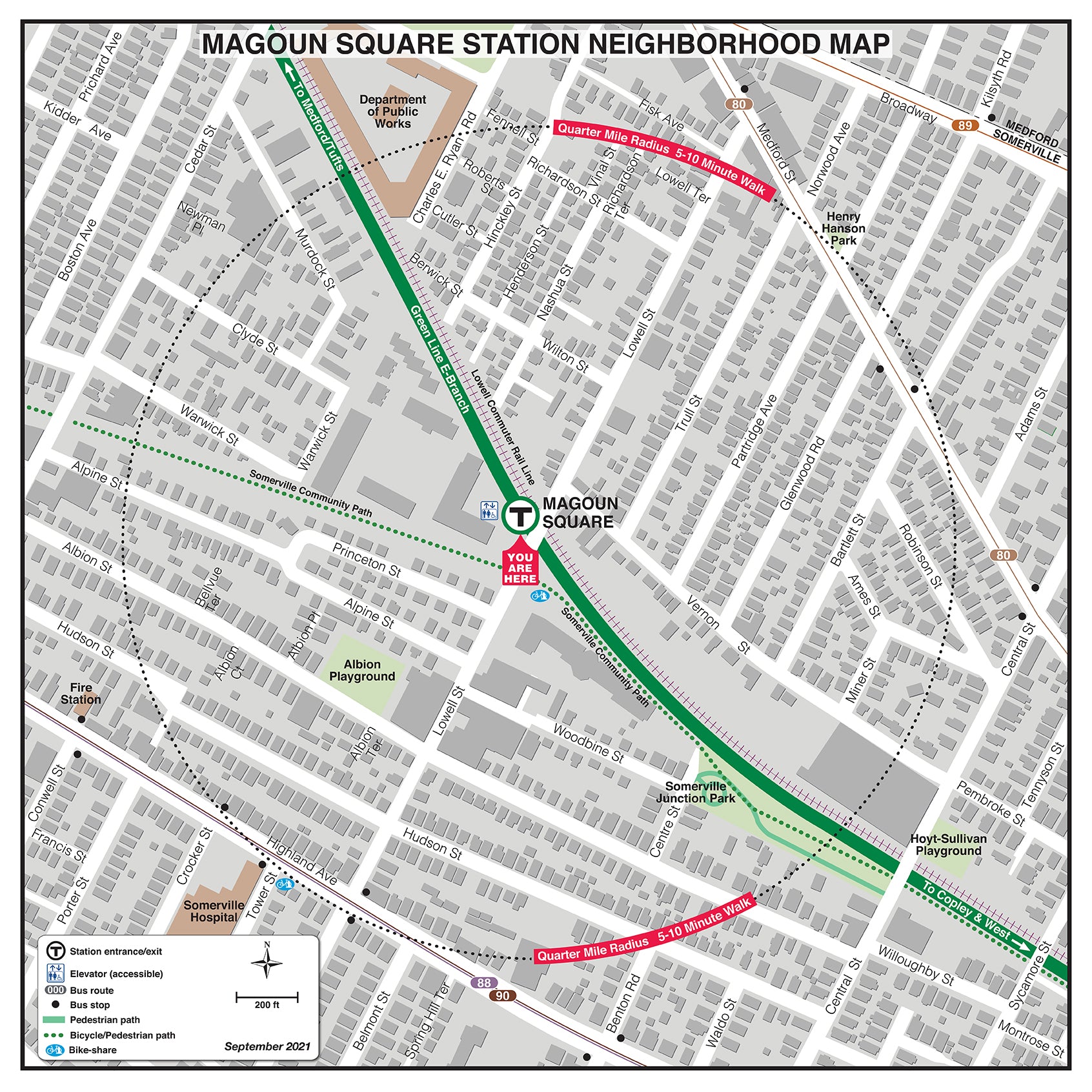 Green Line Station Neighborhood Map: Magoun Sqaure (Sept. 2021)
