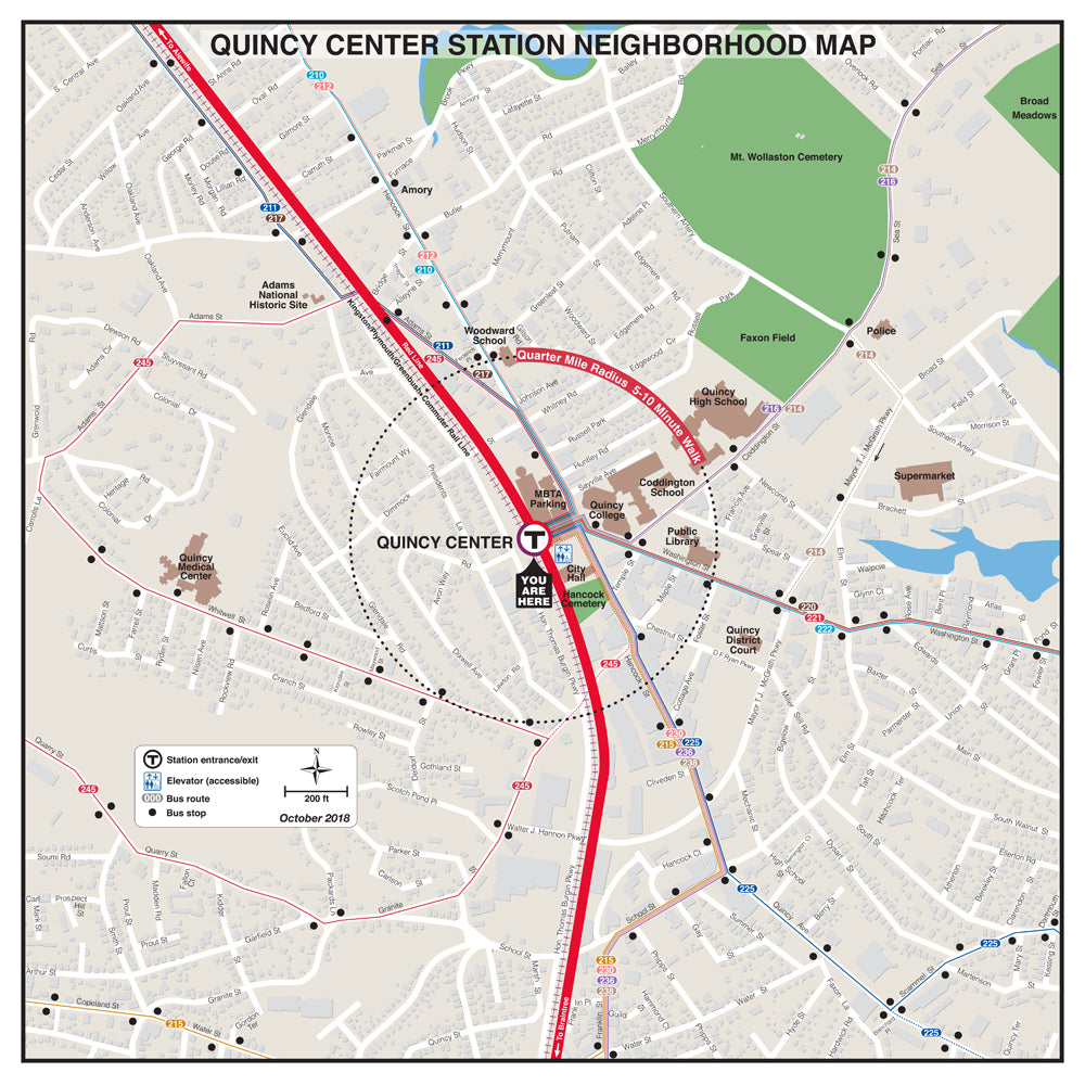 Red Line and Commuter Rail Station Neighborhood Map: Quincy Center (Oct. 2018))
