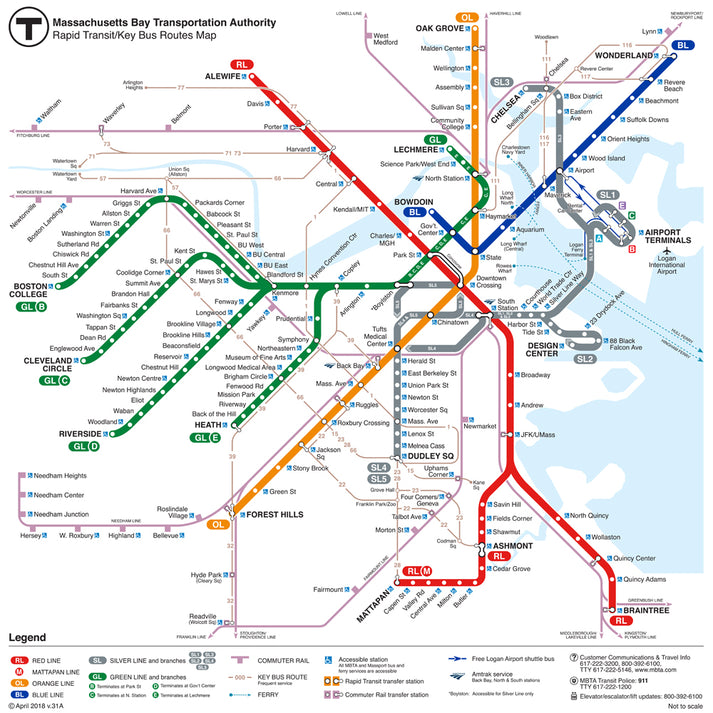 2018 MBTA Rapid Transit / Key Bus Routes Map (v.31A) – MBTAgifts