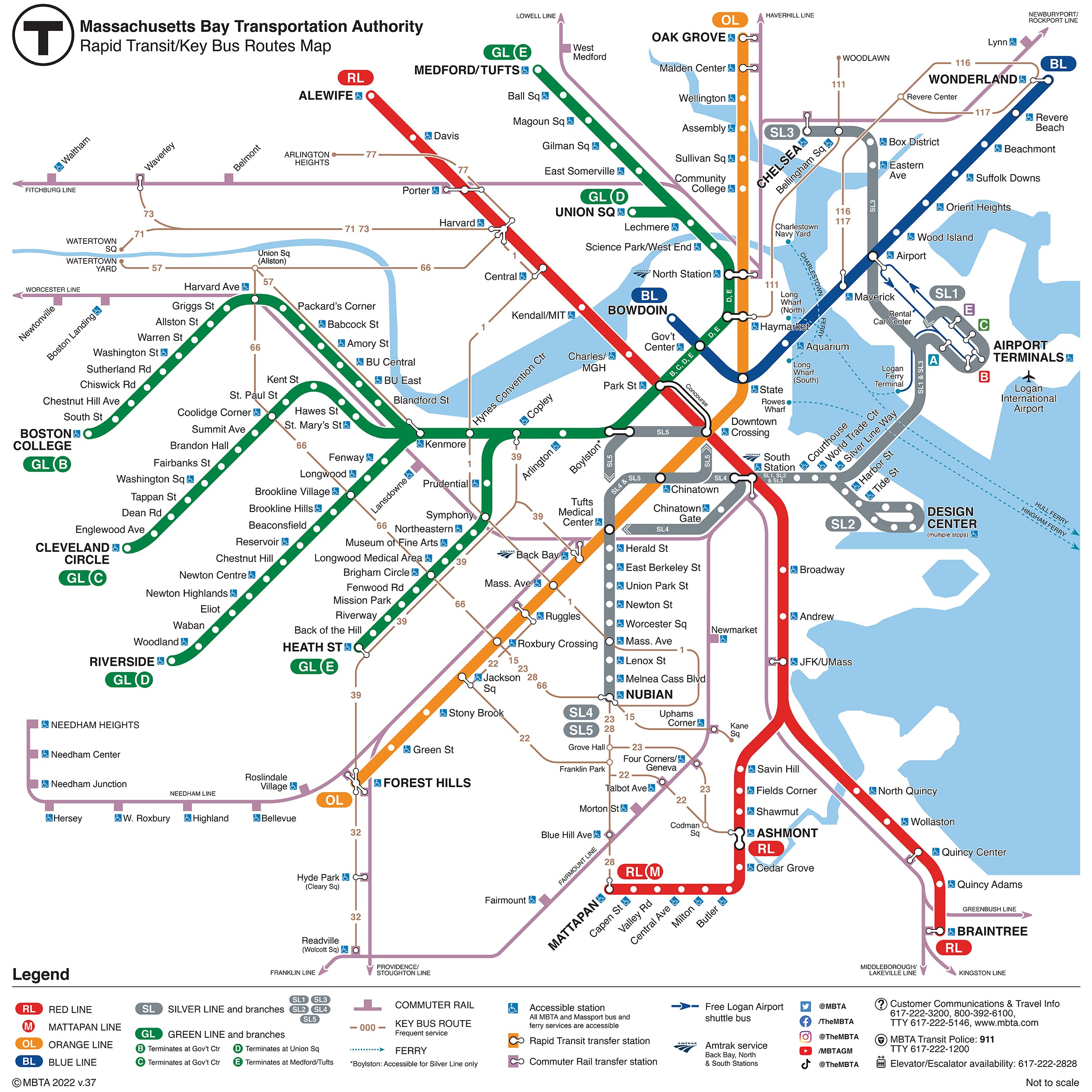Route Map Key 2022 MBTA Rapid Transit / Key Bus Routes Map with GLX (Nov. 2022 ...