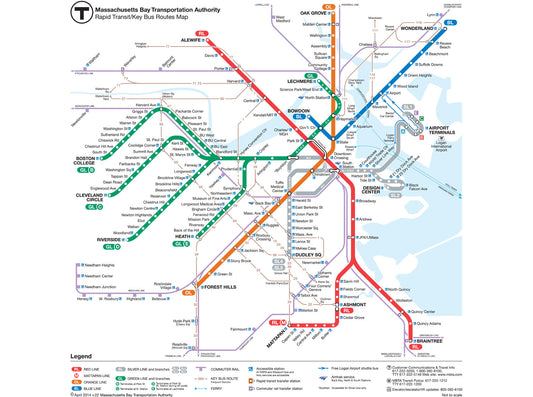 2014 MBTA Rapid Transit w/Key Bus Routes Map