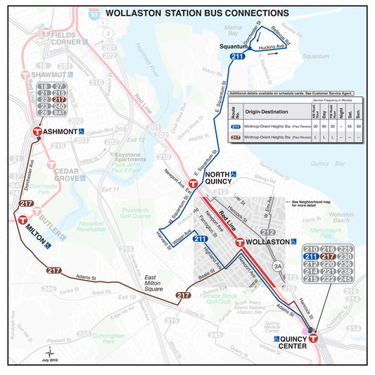 Wollaston Station Bus Connections Map (October 2018)