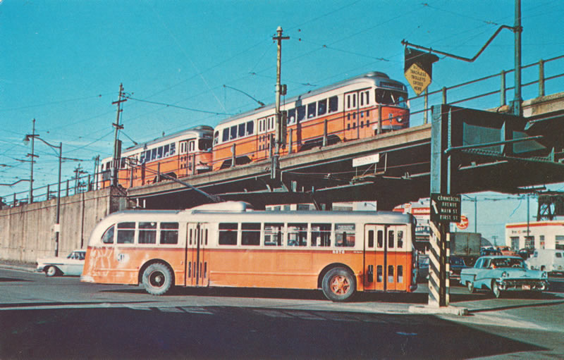 Vintage Postcard: PCC Cars and Trackless Trolley at Lechmere