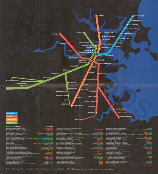 1974 MBTA Rapid Transit Map (Black Background)